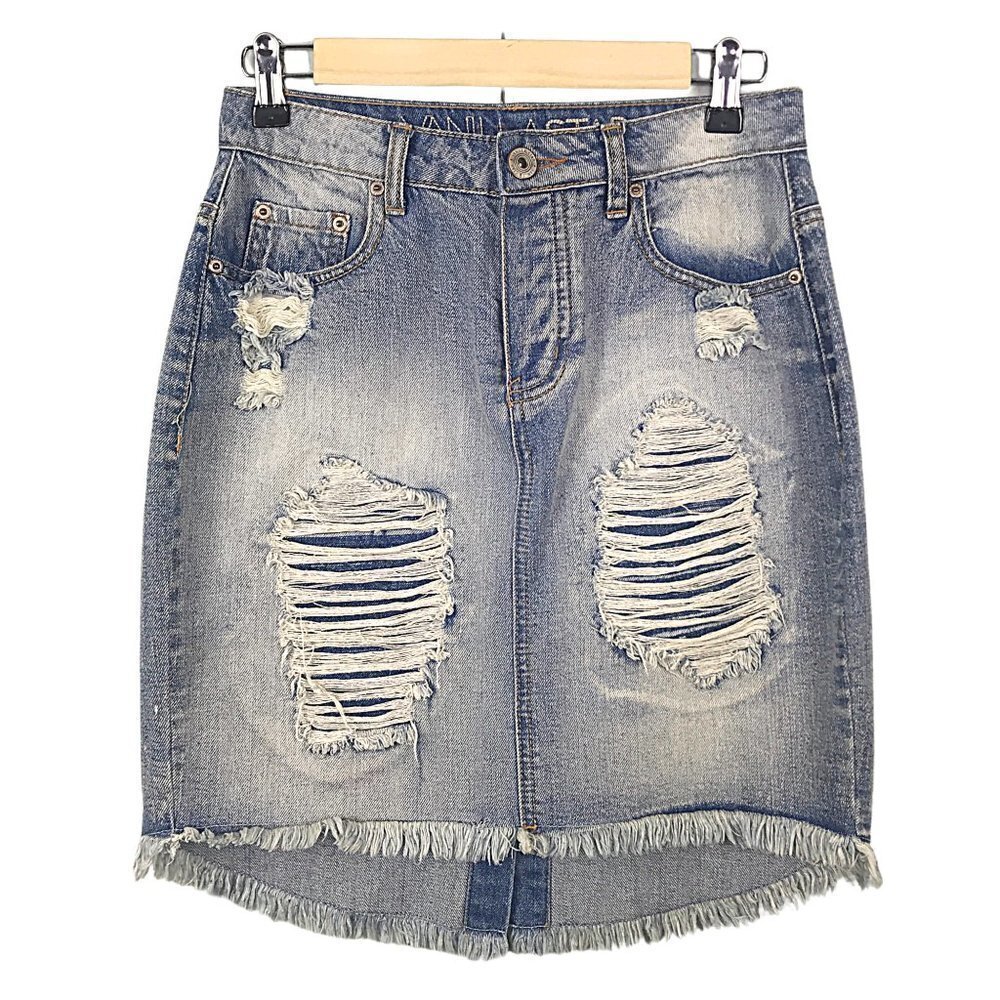 Vanilla Star High Waist Distressed Frayed Raw Hem Denim Jean Skirt | Size 5/6